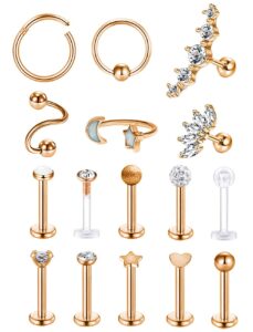 revolia 16 pcs 16g stainless steel tragus earring cartilage helix single earring lip rings labret studs daith rook piercing rose-gold