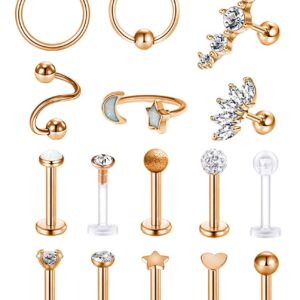 REVOLIA 16 Pcs 16G Stainless Steel Tragus Earring Cartilage Helix Single Earring Lip Rings Labret Studs Daith Rook Piercing Rose-gold