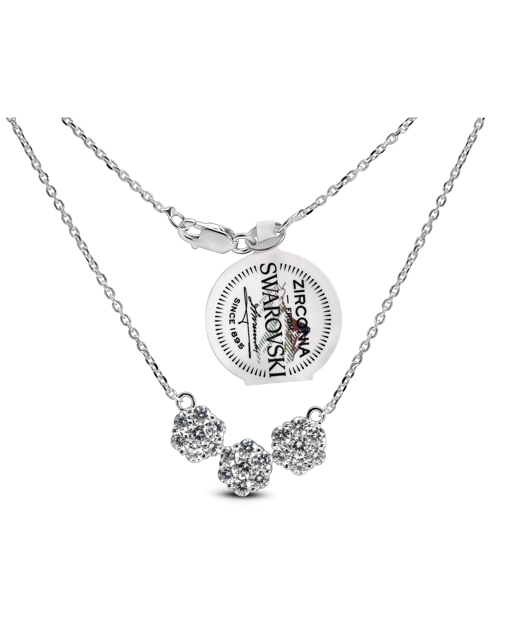 ORO LEONI Womens 925 Sterling silver Rhodium plated Swarowski Zirconia Three Flower Pendant 18" Necklace. Twenty One Round Diamond cut Gemstones totaling a weight of 3.00 Carats.