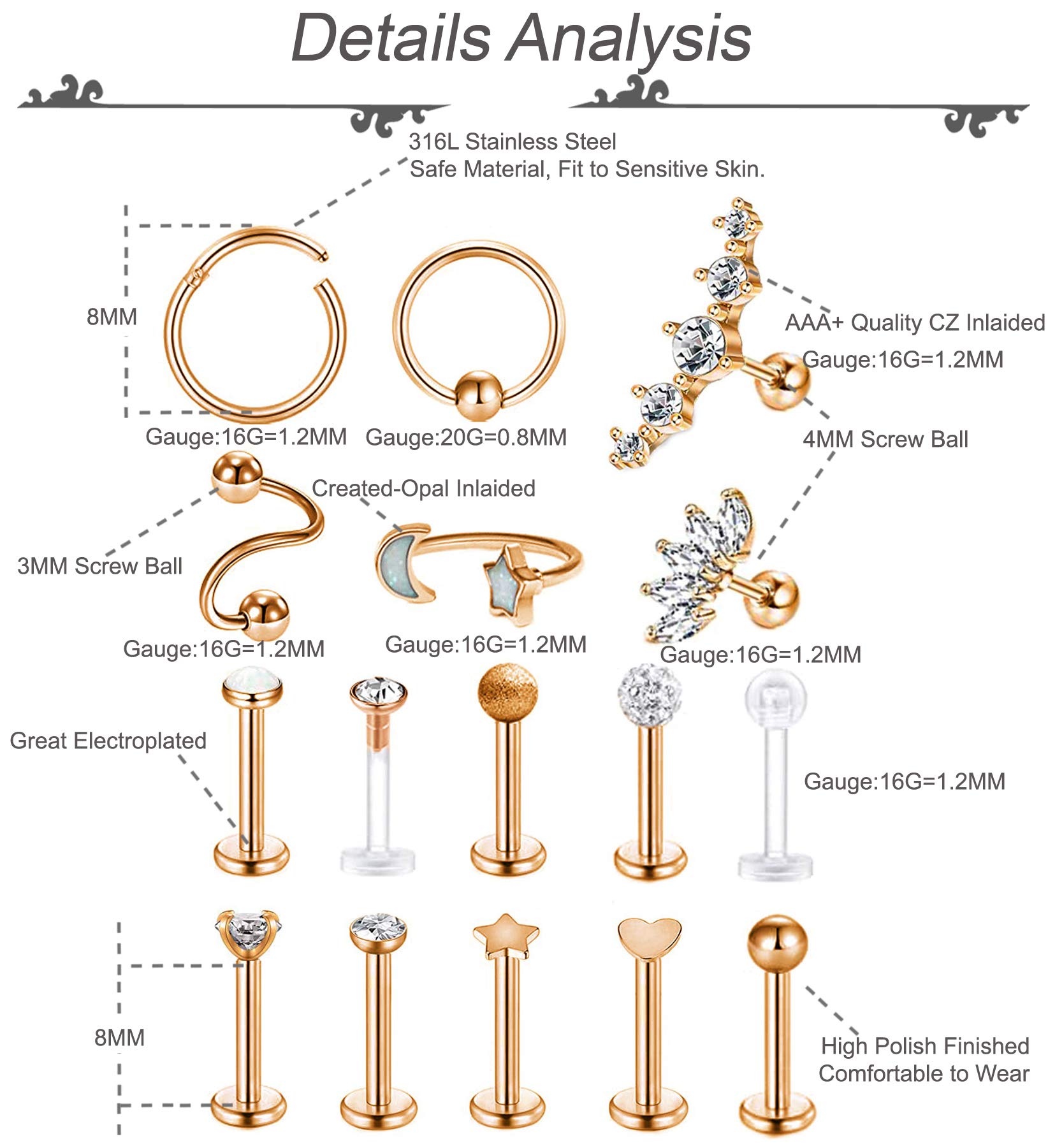 REVOLIA 16 Pcs 16G Stainless Steel Tragus Earring Cartilage Helix Single Earring Lip Rings Labret Studs Daith Rook Piercing Rose-gold