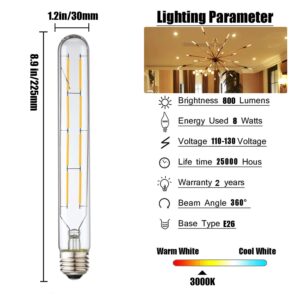 XININSUN T10 Led Bulb, 8.9 Inch Long Tubular Led Light Bulbs, 80Watt Equivalent, 800lm, Dimmable, Clear Glass, E26 8W LED Edison Tube Lamp Bulb,4 Pack. (Soft White-3000K)