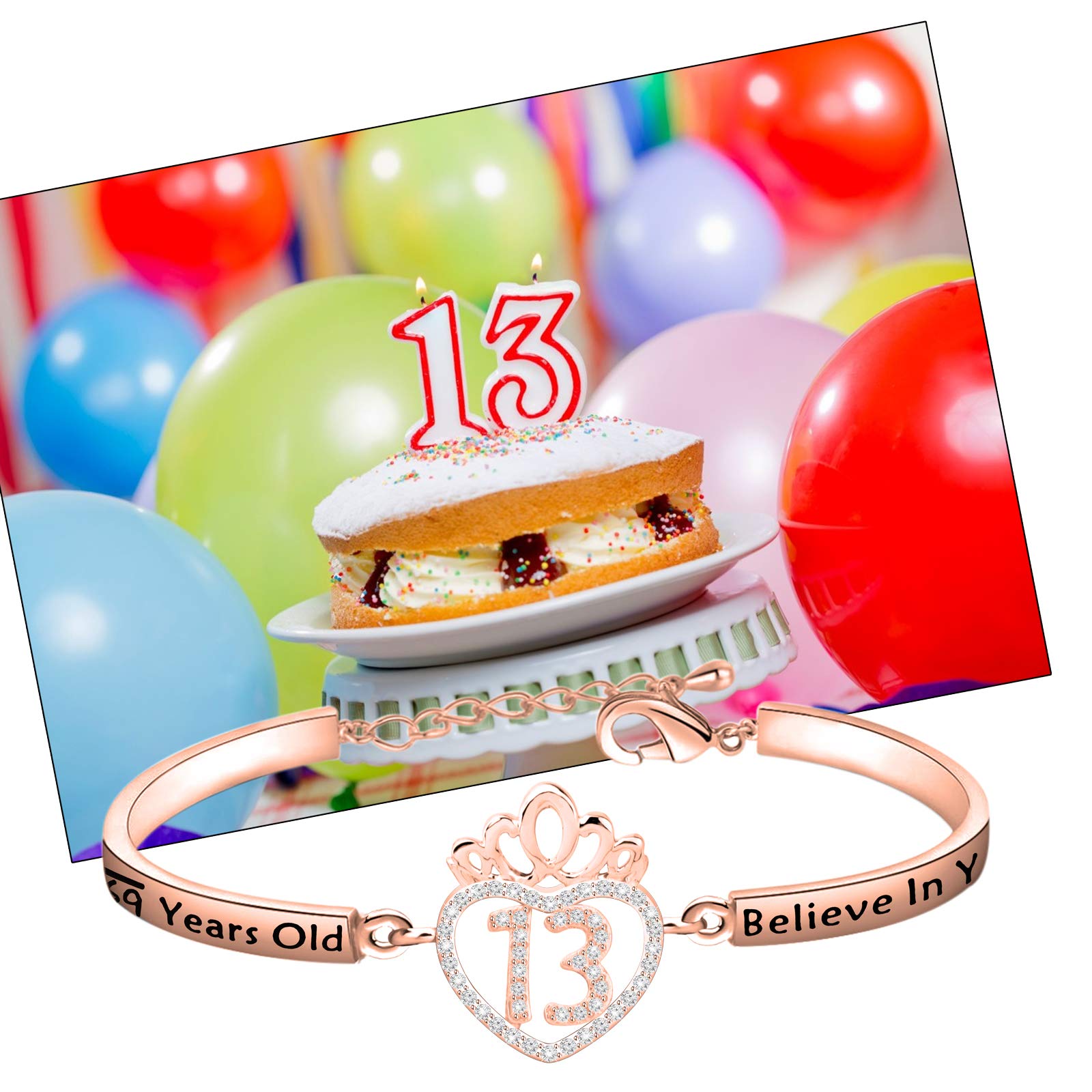 FEELMEM Birthday Gifts Bracelet 12th 13th 16th 18th 30th 40th Crown Queen Charm Bracelet Birthday Gift for Daughter Niece (13th-Rose gold)