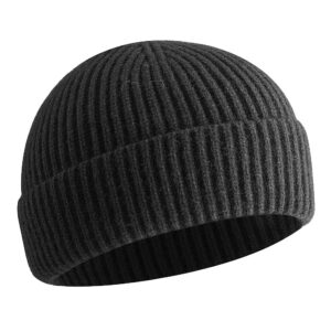 vidsel Short Fisherman Beanie for Men Women, Swag Wool Knit Cuff Trawler Skullcap,Winter Warm Hats Black