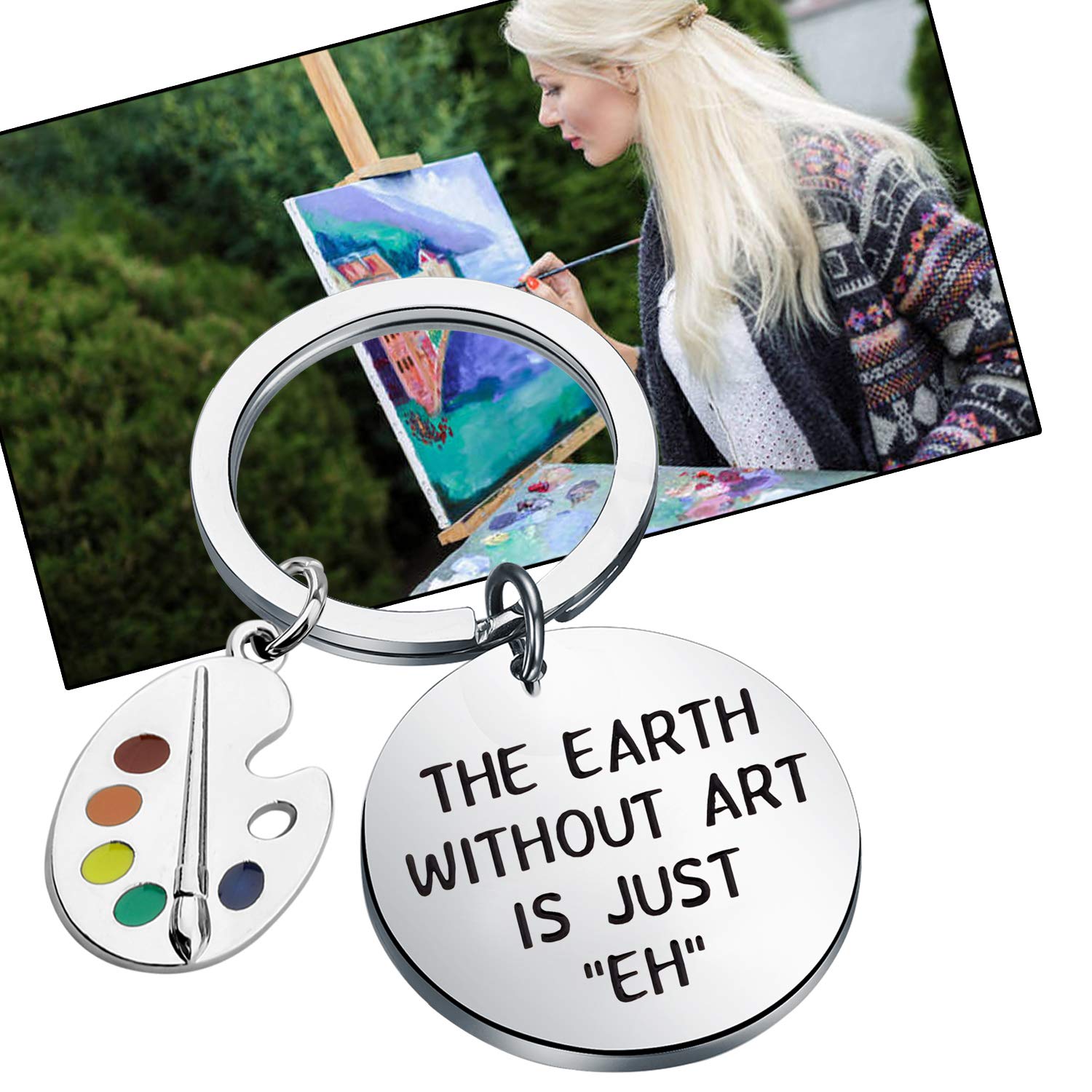 FEELMEM Artist Paint Palette and Brush Charm Pendant Keychain Earth Without Art is Just EH Painters Jewelry Artist Gift Art Student Art Teacher Gifts (The earth)