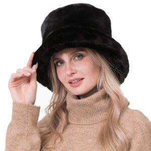 Rulala Fancy Women's Faux Fur Bucket Hats Fluffy Winter Warm Ladie's Unique Printed Fisherman Cap(Black)