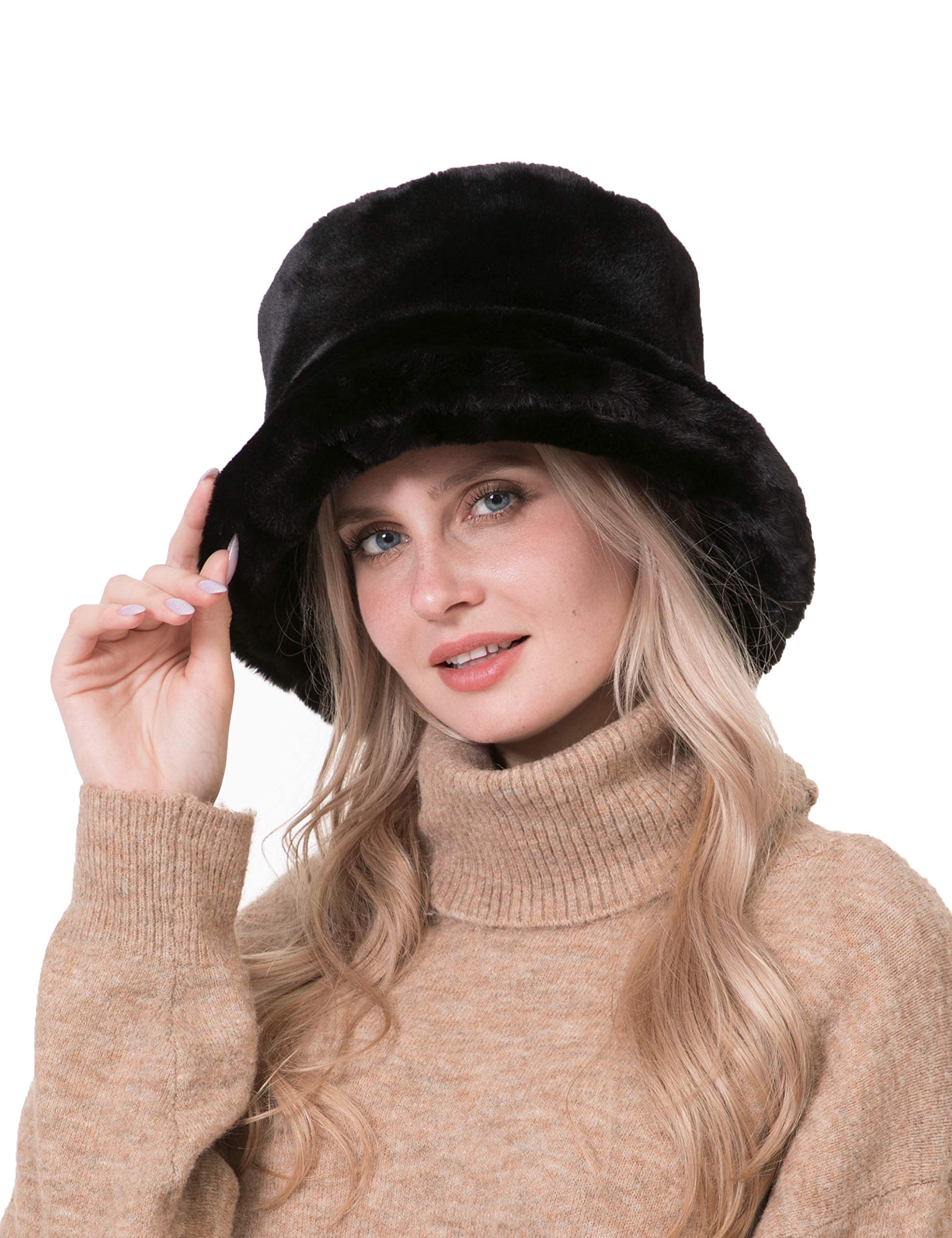 Rulala Fancy Women's Faux Fur Bucket Hats Fluffy Winter Warm Ladie's Unique Printed Fisherman Cap(Black)