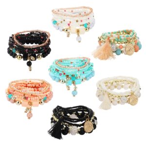 yadoca 7 sets bohemian stackable bead bracelets for women multilayer stretch bracelet set pendant bangles multicolor a