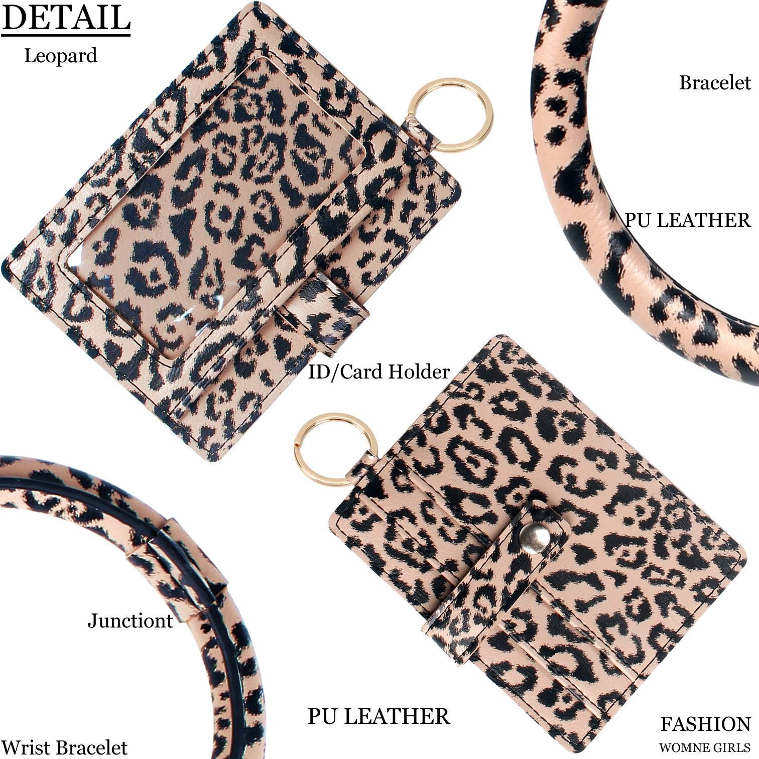 BIHRTC Wristlet Bracelet Keychain Card Holder Key Bangle PU Leather Wristlet Keyring Bracelets Tassel Keychain Round Key Ring with Charpstick Holder for Girls Leopard