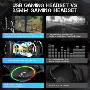 ETWAR EG100 USB Gaming Headset for PC, Computer Headphones with Microphone/Mic Noise Cancelling, Video Gaming Headset USB, RGB Flowing Light - Wired Headphones for PS4, PS5, Laptop, Call Center