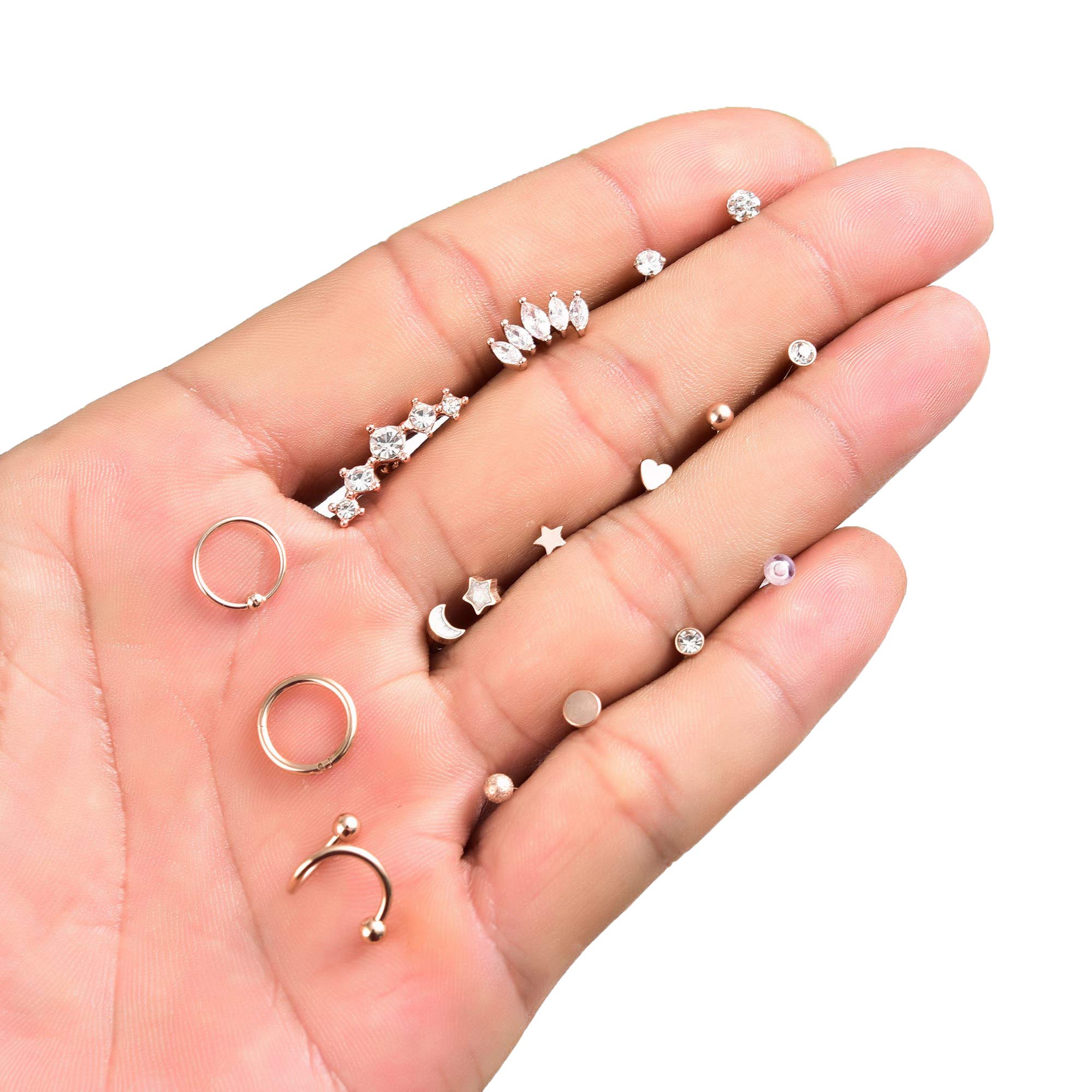 REVOLIA 16 Pcs 16G Stainless Steel Tragus Earring Cartilage Helix Single Earring Lip Rings Labret Studs Daith Rook Piercing Rose-gold