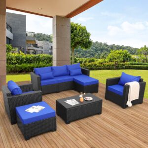 6 Pieces Patio Wicker Furniture Set Outdoor PE Rattan Conversation Couch Sectional Chair Sofa Set with Royal Blue Cushions