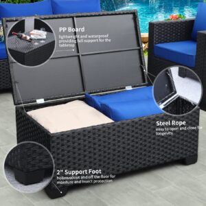 6 Pieces Patio Wicker Furniture Set Outdoor PE Rattan Conversation Couch Sectional Chair Sofa Set with Royal Blue Cushions