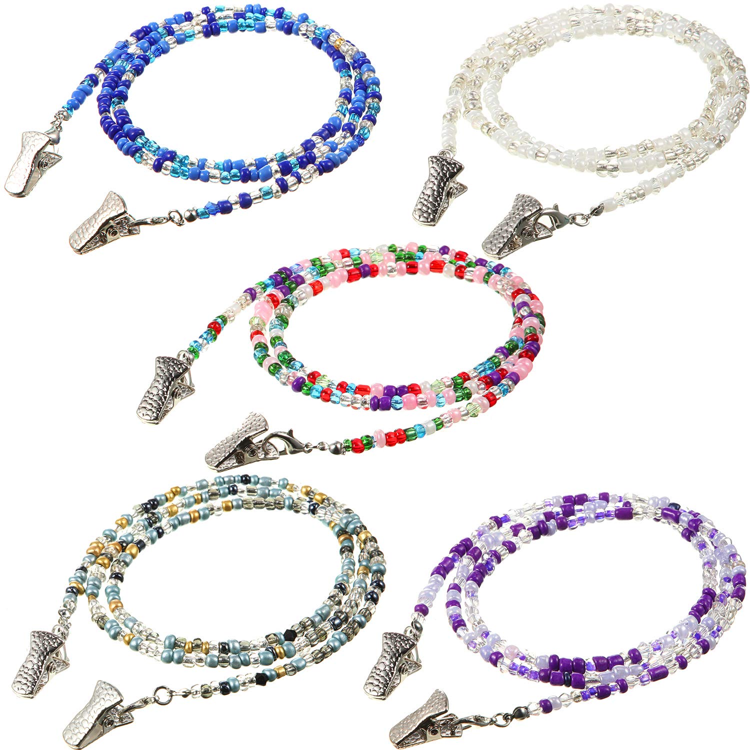 5 Pieces Bead Eyeglass Chains Clip Holder Colorful Beaded Face Covering Lanyards Handmade Necklace with 5 Pairs Silver Clips, 28 Inches Long