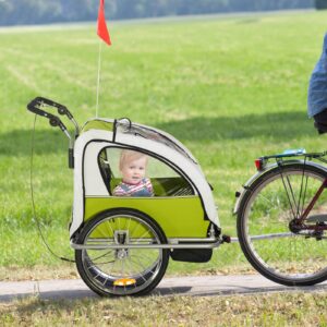 Aosom Elite 360 Swivel Bike Trailer for Kids Double Child Two-Wheel Bicycle Cargo Trailer with 2 Security Harnesses, Green