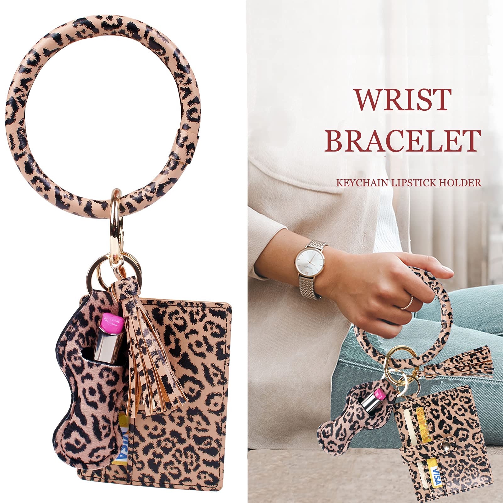 BIHRTC Wristlet Bracelet Keychain Card Holder Key Bangle PU Leather Wristlet Keyring Bracelets Tassel Keychain Round Key Ring with Charpstick Holder for Girls Leopard