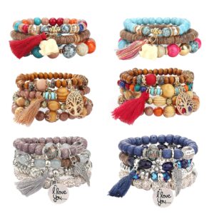 YADOCA 6 Sets Bohemian Wood Beaded Bracelets Set for Women Multilayer Stretch Tassel Bracelets Set Elephant Charm Love Statement Bangles