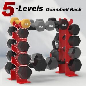 FISUP Weight Rack for Dumbbells, Dumbbell Rack Stand Only 450LBS Capacity Weight Rack for Home Gym Strength Training Dumbbell Racks Red and Black 5 Tier，Suitable for 8-30 LBS