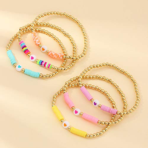 COLORFUL BLING 6Pcs/Pack Gold Beaded Bracelet Rainbow Vinyl Disc Ball Srting Stretch Heart Shaped Bracelets Cuff Bangle Set for Women Jewelry-6pcs