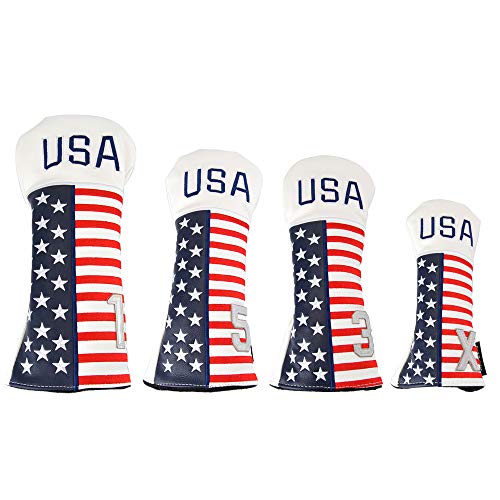 COOLSKY 4PCS Golf Head Cover USA American Flag Design Pattern for Driver/Fairway Wood/Hybrid Patriot Synthetic Leather Headcover