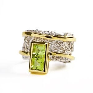 german kabirski 1.5 Carat Green Peridot Handmade Ring in 925 Sterling SilverPlated with Gold and White Rhodium Size 6.5