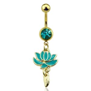 pierced owl 14g gold plated stainless steel teal crystal lotus flower dangling belly button ring