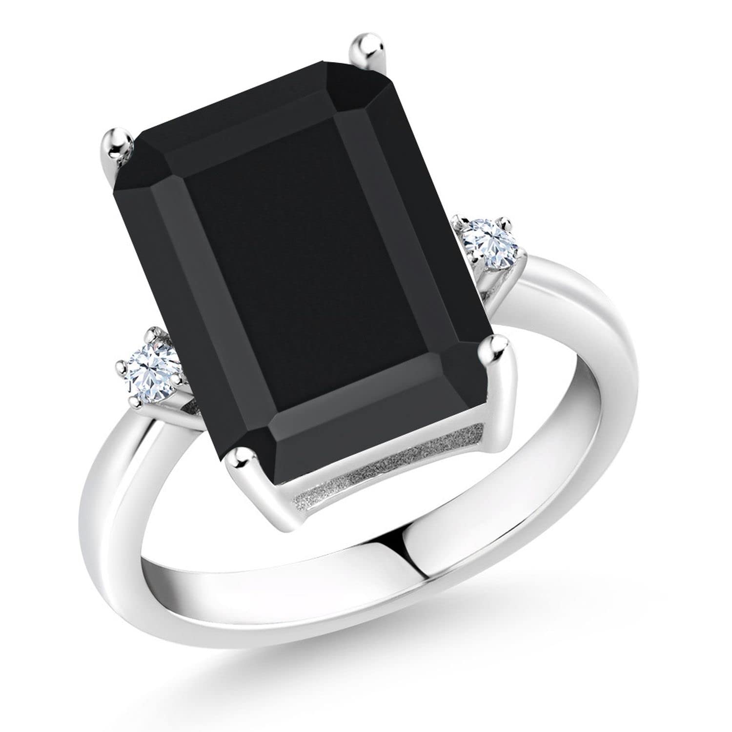 Gem Stone King 925 Sterling Silver Black Onyx and White Created Sapphire Ring For Women (6.68 Cttw, Emerald Cut 14x10MM, Gemstone December Birthstone, Available In Size 5, 6, 7, 8, 9)