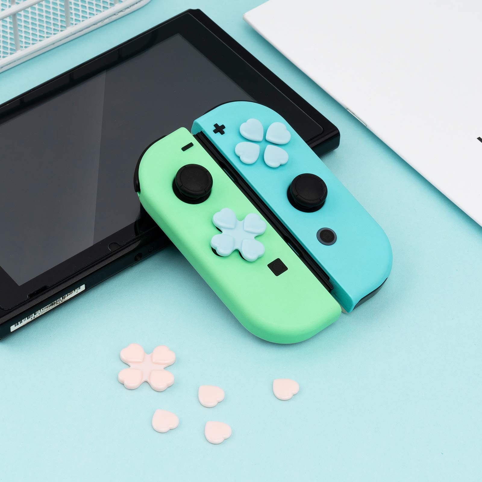 GeekShare 4PCS Heart Button Caps Joystick Cover with Sticker Compatible with Nintendo Switch/OLED- Pink & Blue