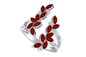 14k white gold plated 925 sterling silver simulated garnet & diamond accent unique adjustable open petal wedding engagement anniversary ring for women men