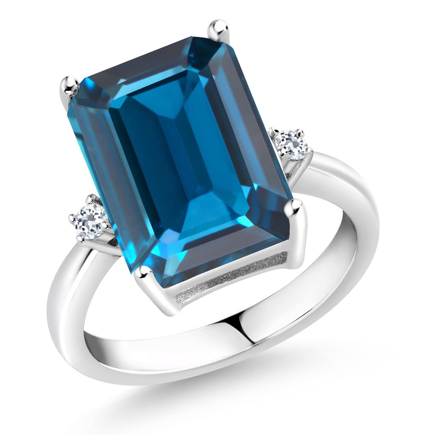 Gem Stone King 925 Sterling Silver London Blue Topaz and White Topaz Ring For Women | 9.58 Cttw | Emerald Cut 14x10MM | Gemstone Birthstone | Available In Size 5, 6, 7, 8, 9