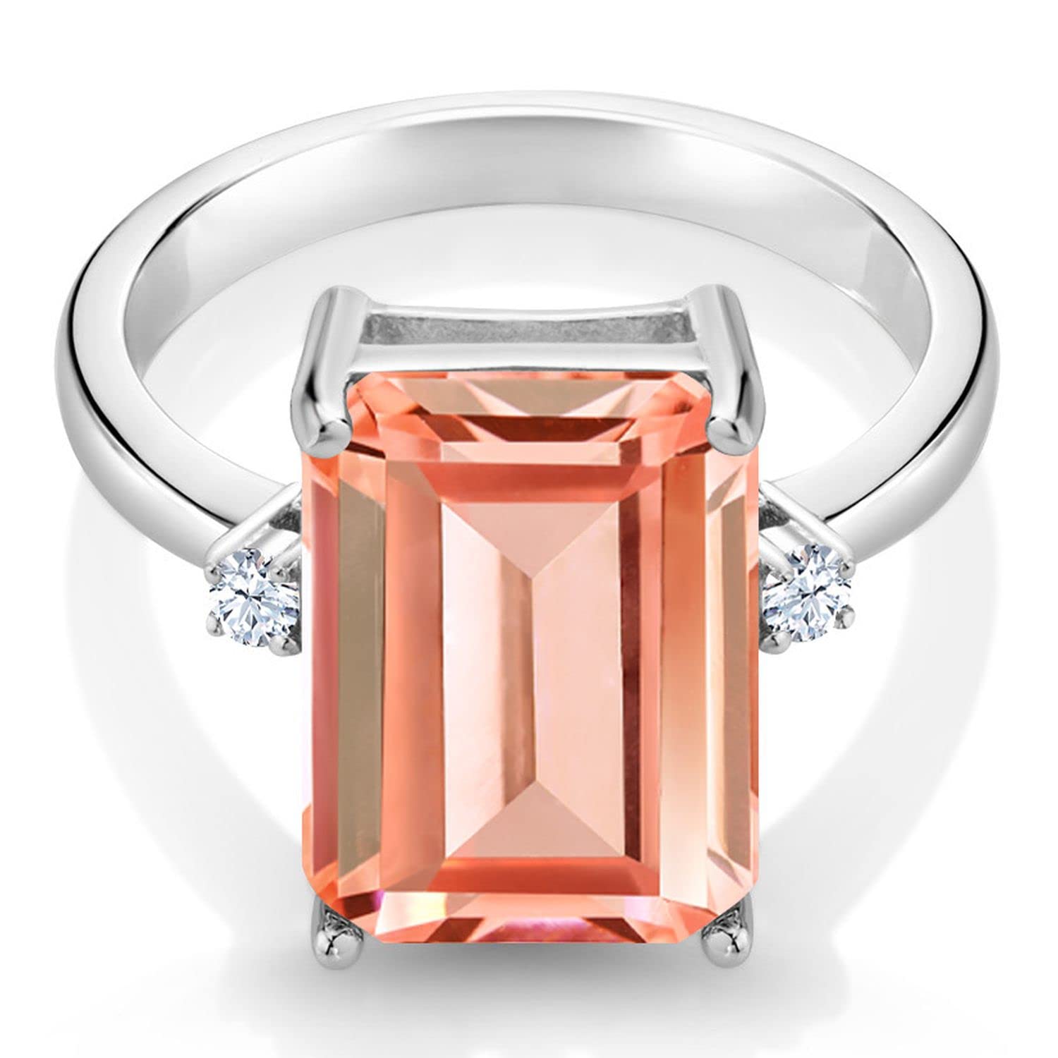 Gem Stone King 925 Sterling Silver Peach Nano Morganite and White Created Sapphire Ring For Women (6.38 Cttw, Emerald Cut 14x10MM, Gemstone October Birthstone, Available In Size 5, 6, 7, 8, 9)