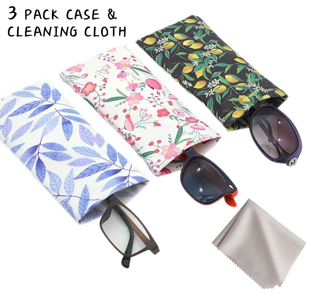 WOW DING 3 PACK Sunglasses Case, Eyeglasses Pouch for Women, Portable Leather Soft Glasses Cases with Cleaning Cloth