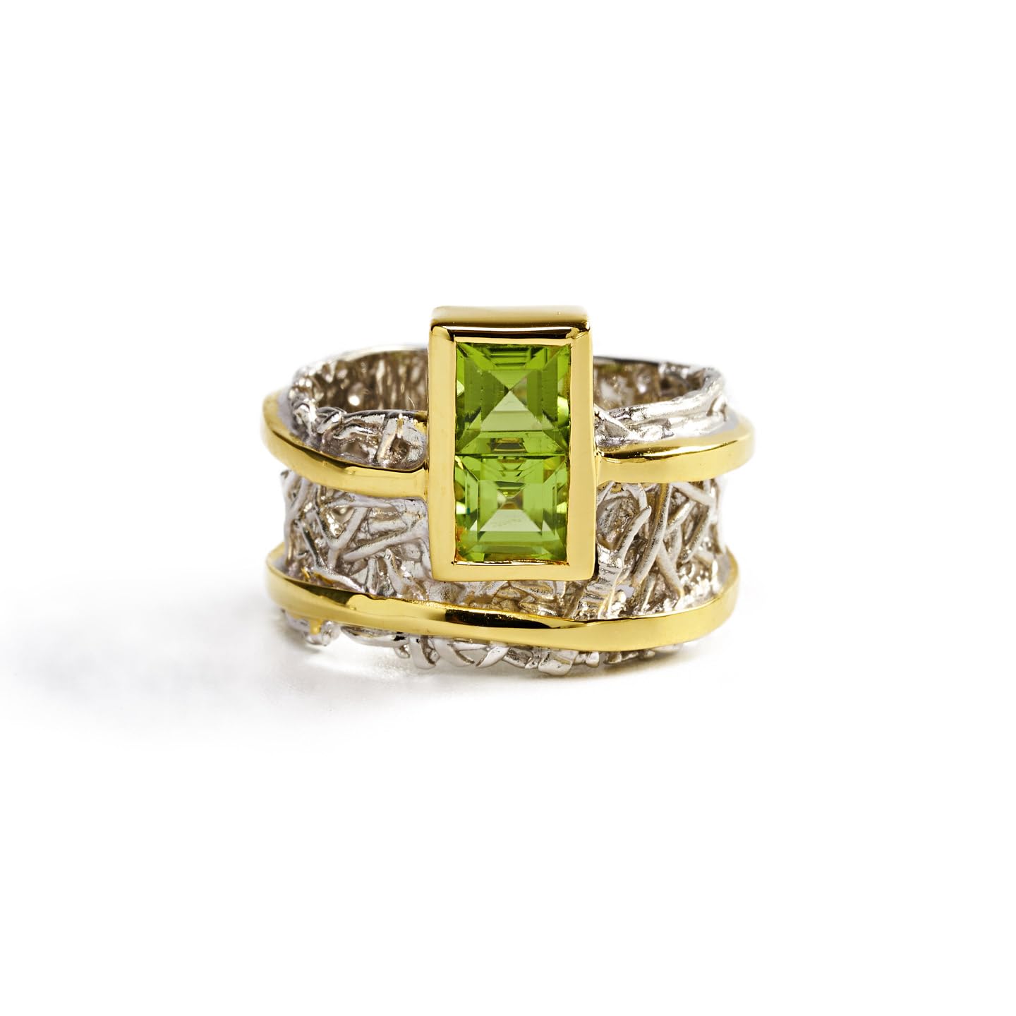 german kabirski 1.5 Carat Green Peridot Handmade Ring in 925 Sterling SilverPlated with Gold and White Rhodium Size 6.5