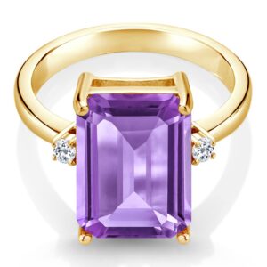 Gem Stone King 18K Yellow Gold Plated Silver Purple Amethyst and White Topaz Ring For Women (7.28 Cttw, Emerald Cut Checkerboard 14x10MM, Gemstone February Birthstone, Available In Size 5, 6, 7, 8, 9)