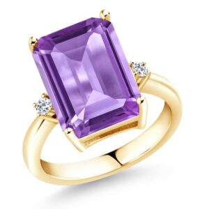 Gem Stone King 18K Yellow Gold Plated Silver Purple Amethyst and White Topaz Ring For Women (7.28 Cttw, Emerald Cut Checkerboard 14x10MM, Gemstone February Birthstone, Available In Size 5, 6, 7, 8, 9)