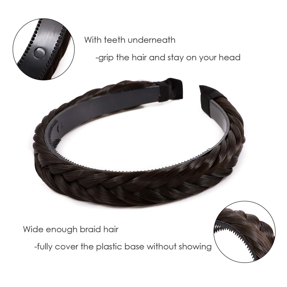 Hairro Braided Headband with Teeth, Fishtail Braids Hairband, Hair Hoop, Plaited Hairband with Comb, Synthetic Hairpiece for Women, Dark Brown #4A, 1 Count