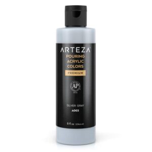 arteza acrylic pouring paint, 8 ounces, a002 silver gray, high-flow, no mixing needed, for pouring on canvas, glass, paper, wood, tile, & stones