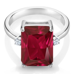 Gem Stone King 925 Sterling Silver Red Created Ruby Ring For Women (5.06 Cttw, Emerald Cut 14x10MM, Gemstone July Birthstone, Available In Size 5, 6, 7, 8, 9)