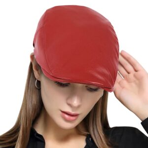 DOCILA Red Leather Flat Herringbone Caps Buckle Adjustable Pageboy Hat Portable Newsboy Hunting Cap (Red)