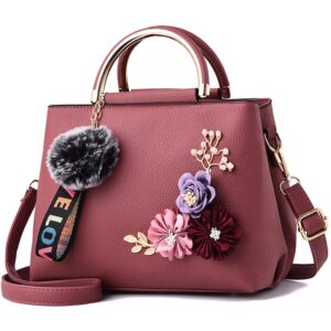 Dayfine Women Purse Top Handle Handbags PU Leather 3D Floral Inlay Satchel Bag Shoulder Crossbody Bags Ladise Medium Tote Bag with Hair Ball Pendant-Pink