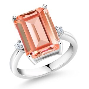 gem stone king 925 sterling silver peach nano morganite and white created sapphire ring for women (6.38 cttw, emerald cut 14x10mm, gemstone october birthstone, available in size 5, 6, 7, 8, 9)