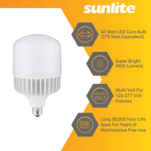 Sunlite 81252-SU LED T36 Super Bright High Lumen Corn Light Bulb, 40 Watts (375W Eq) 4800 Lm, Medium E26 Base, 120-277 Multi Volt, Non-Dimmable, 50K-Super White, UL Listed-Wet Location