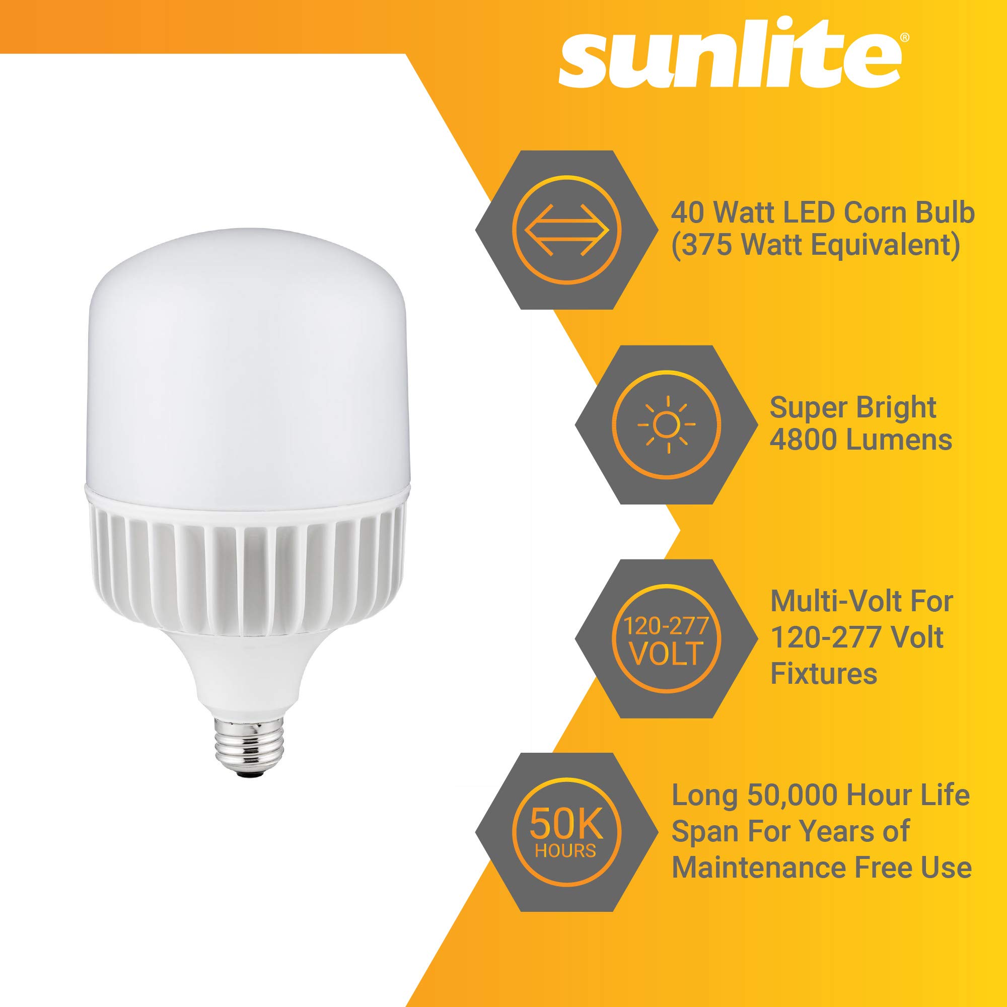 Sunlite 81252-SU LED T36 Super Bright High Lumen Corn Light Bulb, 40 Watts (375W Eq) 4800 Lm, Medium E26 Base, 120-277 Multi Volt, Non-Dimmable, 50K-Super White, UL Listed-Wet Location