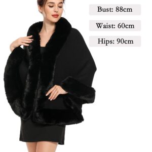 ZLYC Women Winter Faux Fur Shawl Stole Warm Wrap Cape (Black)