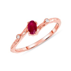 Takar 10k Gold Dainty Diamond and Genuine Oval-Shape Solitaire Ruby Birthstone Ring, Red Gemstone Promise Ring, Stackable Gold Ring For Women, Fine Gold Jewelry Gift Made In USA.