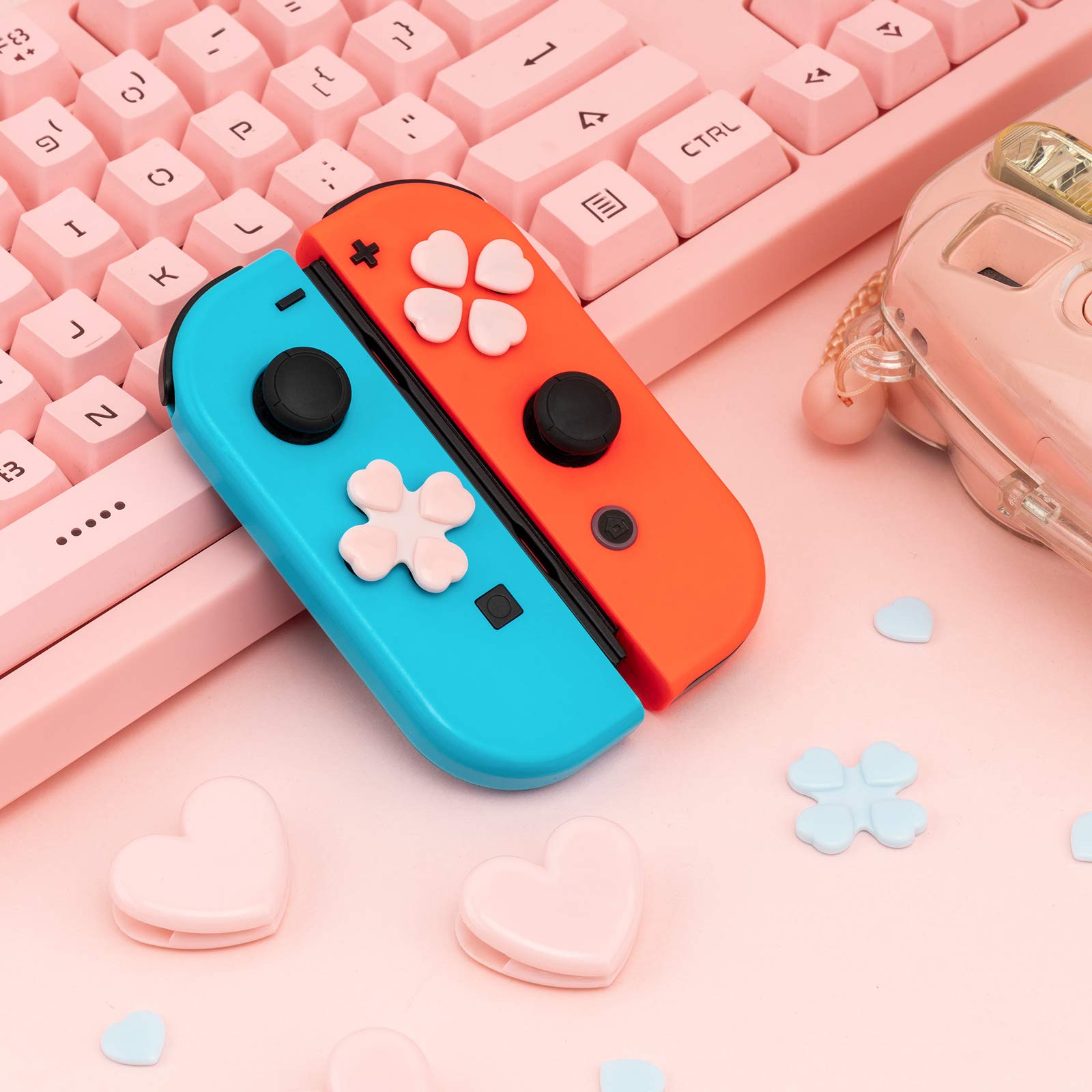 GeekShare 4PCS Heart Button Caps Joystick Cover with Sticker Compatible with Nintendo Switch/OLED- Pink & Blue