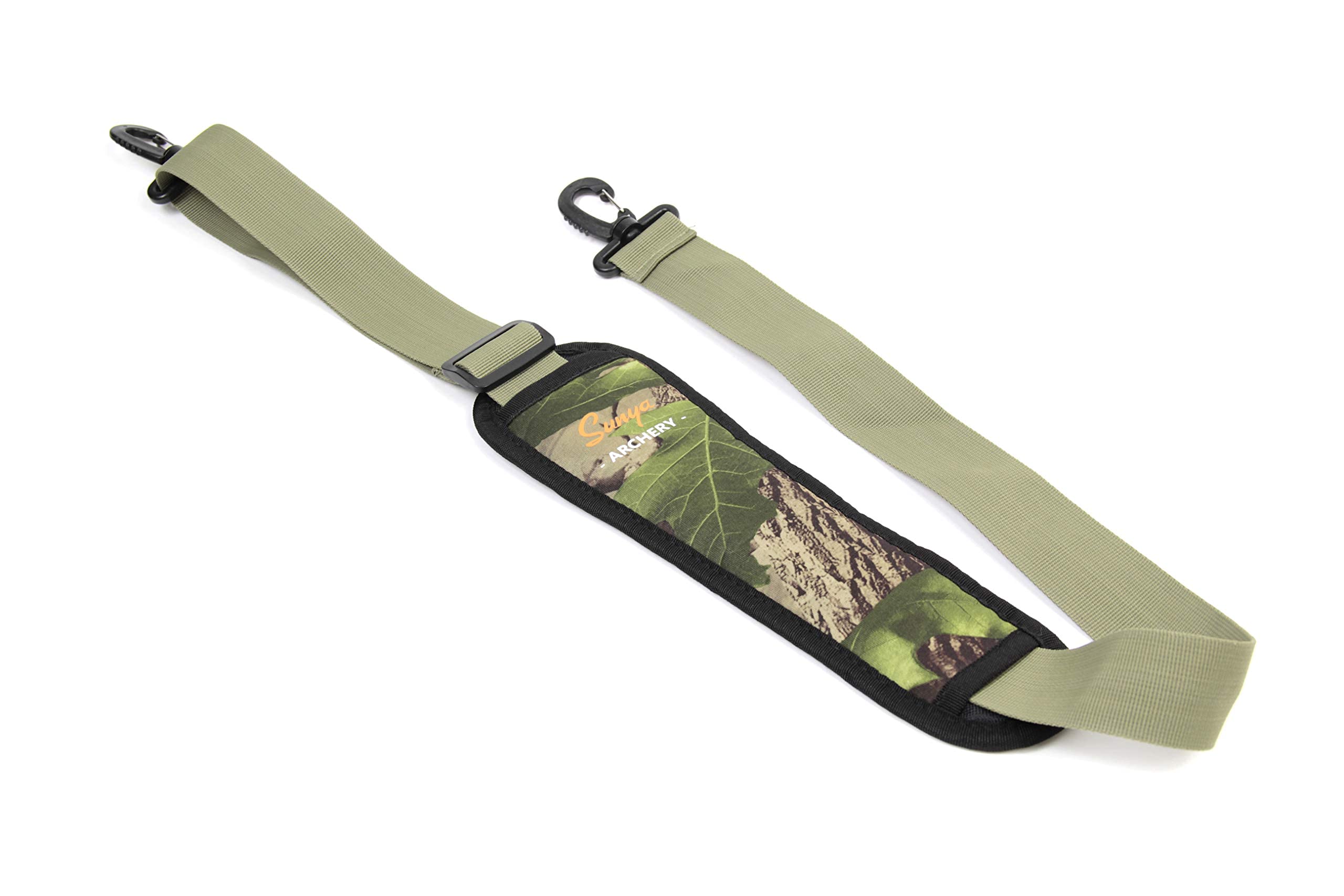 SUNYA Neoprene Compound Bow Sling, Silent Hunting or Fast Movement 2 Carrying Modes Switchable. Padded Shoulder Sling Removable & Adjustable. Camouflage Fabric. (Camo with Green Strap)