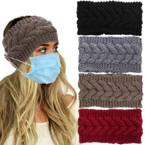 veejion 4 pieces women knitted headbands winter warm twisted headband with buttons for face mask cover cold weather head wrap hair bands for ear warmer