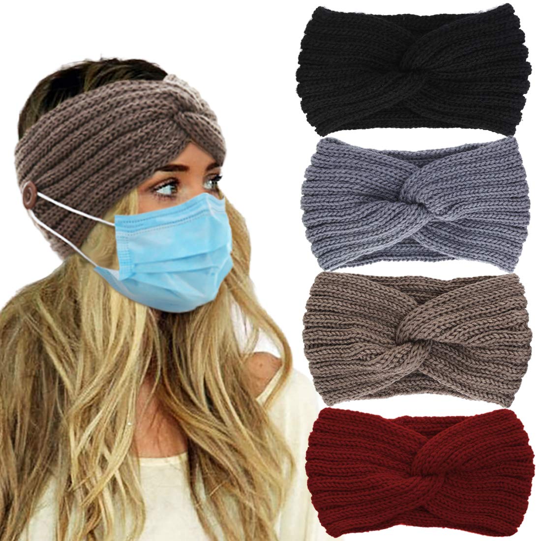 VEEJION 4 Pack Women Knitted Warm Twisted Headbands with Buttons for Face Mask Wide Ear Warmer Headwrap Hair Accessories for Outdoor Sports Running