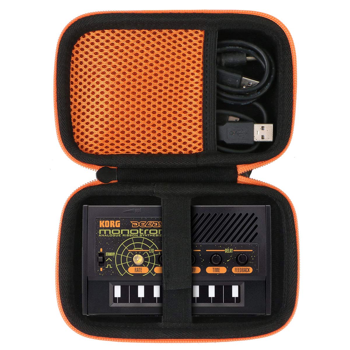 co2CREA Hard Case replacement for Korg Monotron Delay Duo Analog Ribbon Synthesizer (Black Case + Orange Zipper)