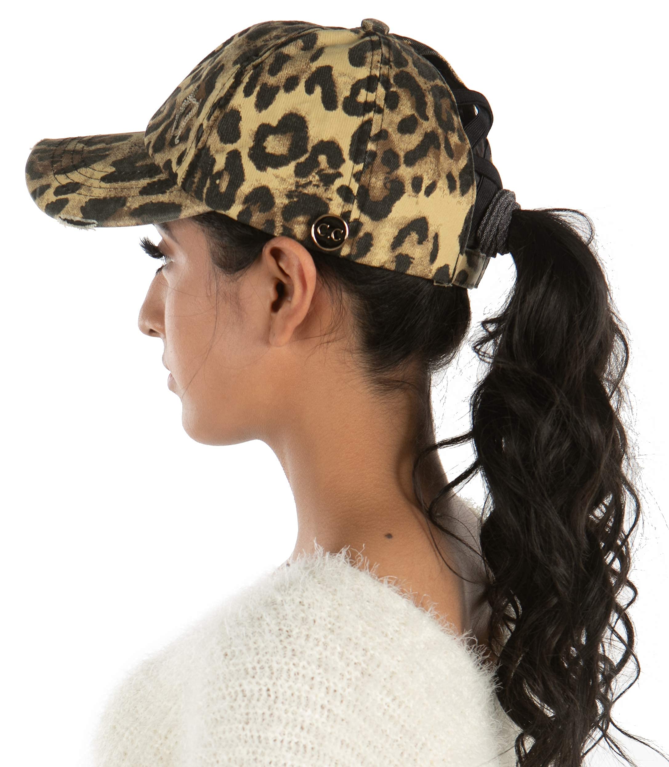 Funky Junque Criss Cross Ponytail Hat w/Buttons - Leopard